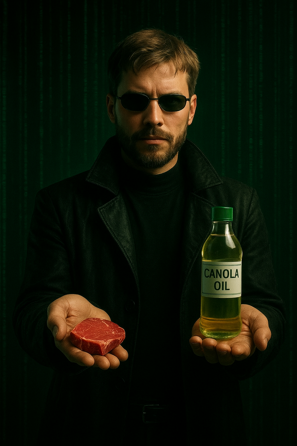Trener Karol Domański daje Ci wybór niczym Morfeusz z filmu „Matrix” — czerwoną pigułkę (karmiony trawą stek wołowy) albo niebieską pigułkę (industrialny olej „roślinny”).
